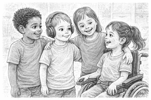 Neurodiverse children standing together and smiling